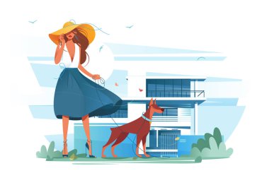 Yazlık yakınında şapka, elbise ve köpek ile Düz genç siluet kadın.