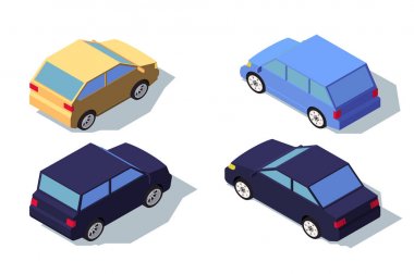 İzometrik 3d arka görünüm mavi ve sarı klasik sedan araba.