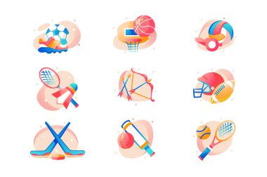 Futbol, basketbol, hokey, badminton, rugby, okçuluk ve kriket ile düz spor simgesi seti.