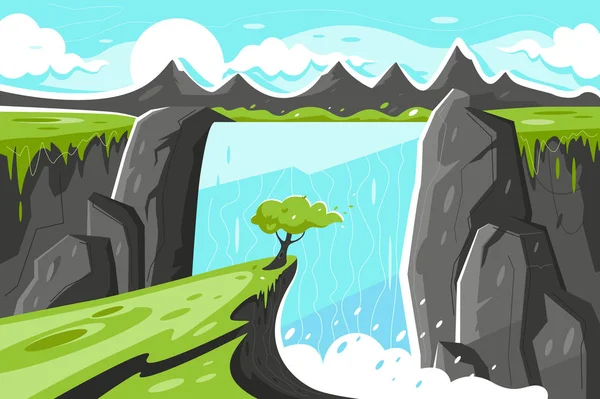 Flat waterfall with tree on green plain and mountain background.