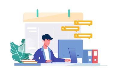 Bilgisayar ile genç adam çalışma takvimi ve iş için tam iş görevi doldurur.