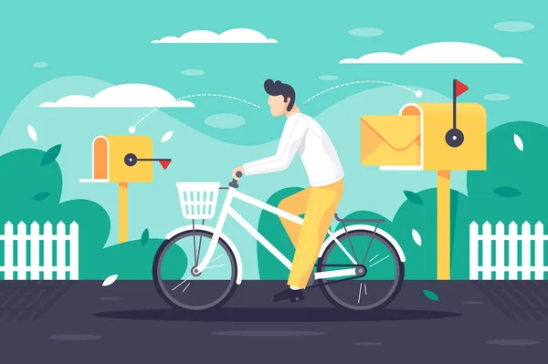 Flat young man deliver mail on bicycle. — Stock Vector