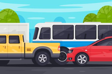 Trafik sıkışıklığı nda düz otobüs, kamyonet, sedan araba.