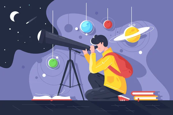 Platt ung man med bok och teleskop studerar solsystemet med planeten. — Stockfoto