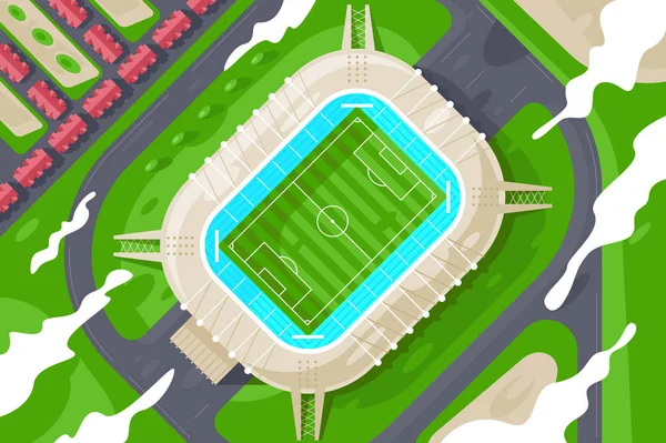 Płaski zielony stadion z wysokości piłki nożnej. — Zdjęcie stockowe