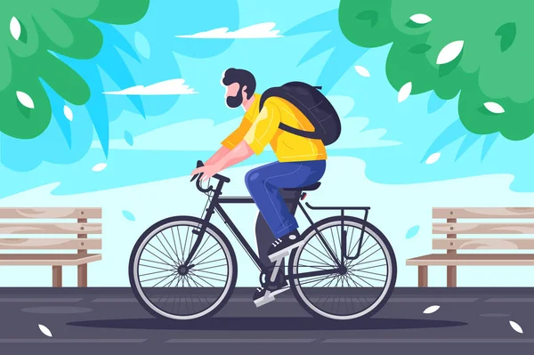 Płaski młody człowiek z plecaka przejażdżki na rowerze na drogach. — Zdjęcie stockowe