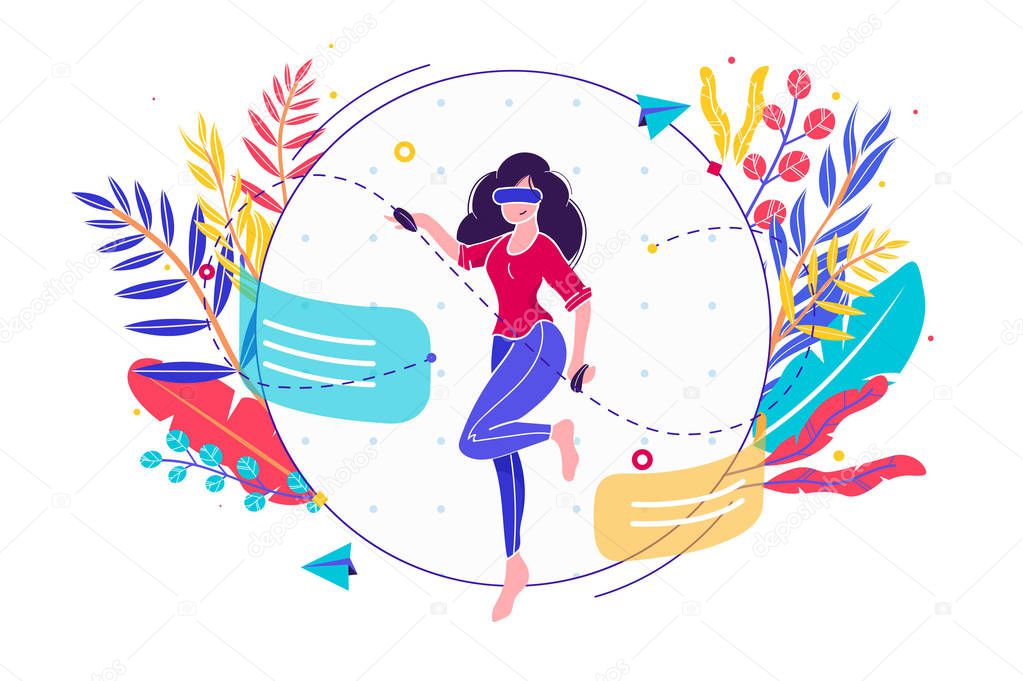 Flat young smiling woman creates vr design.