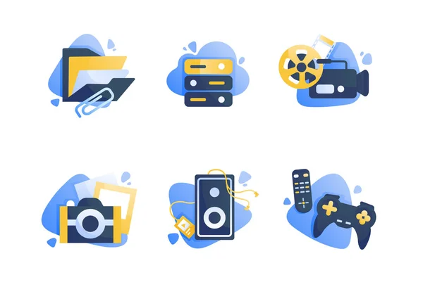 Set icons with multimedia, folder, camera, cinema, remote controller, joystick. — Stock Photo, Image