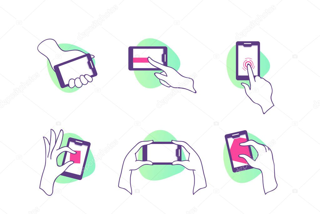 Flat set icons with hands with smartphone with touchscreen.