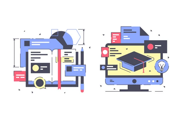 Plat onderwijs icon set met moderne boek, digitale service. — Stockvector