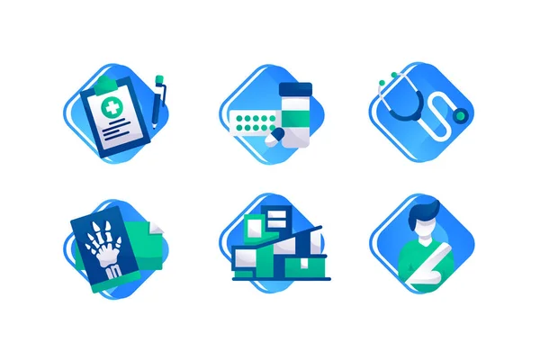 Set icons with x-ray, man with broken hand, pill, tablet with pencil, hospital. — Stock Photo, Image