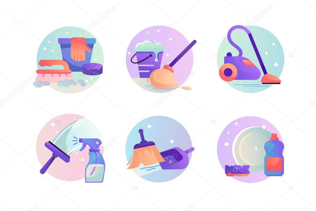 Set icons with vacuum cleaner, scoop and broom, detergent, cleaning.