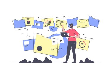 Düz izole işadamı belge akışı ve işleme yapmak.