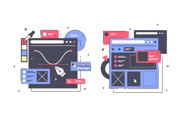 Establecer iconos con diseño web, ordenador portátil, diagrama, aplicación en línea . —  Fotos de Stock