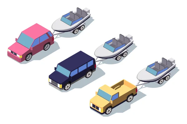 Isometric 3d front view classic pickup truck car with boat. — Stock Photo, Image