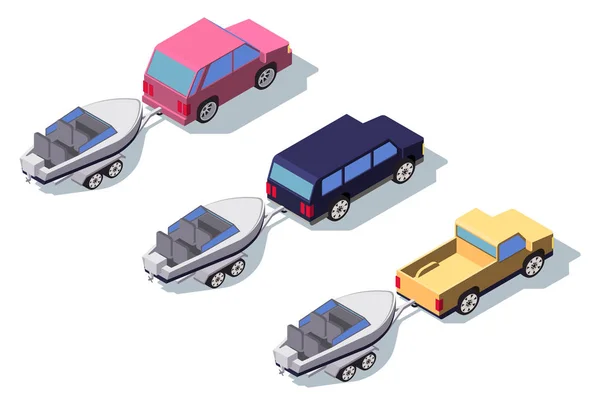 Isometric 3d back view classic pickup truck car with boat. — Stock Photo, Image