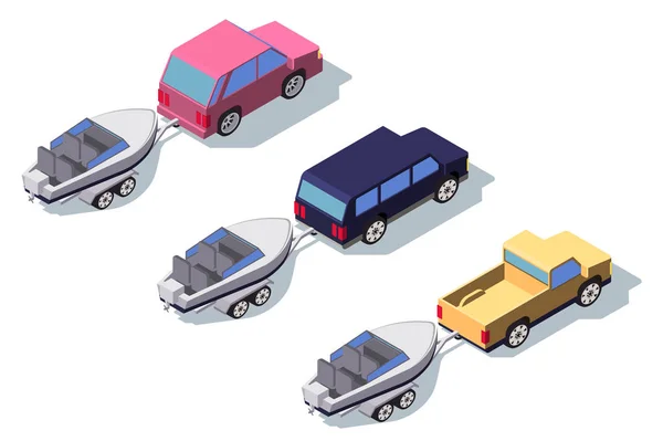 Isometric 3d vue arrière camionnette classique voiture avec bateau . — Photo