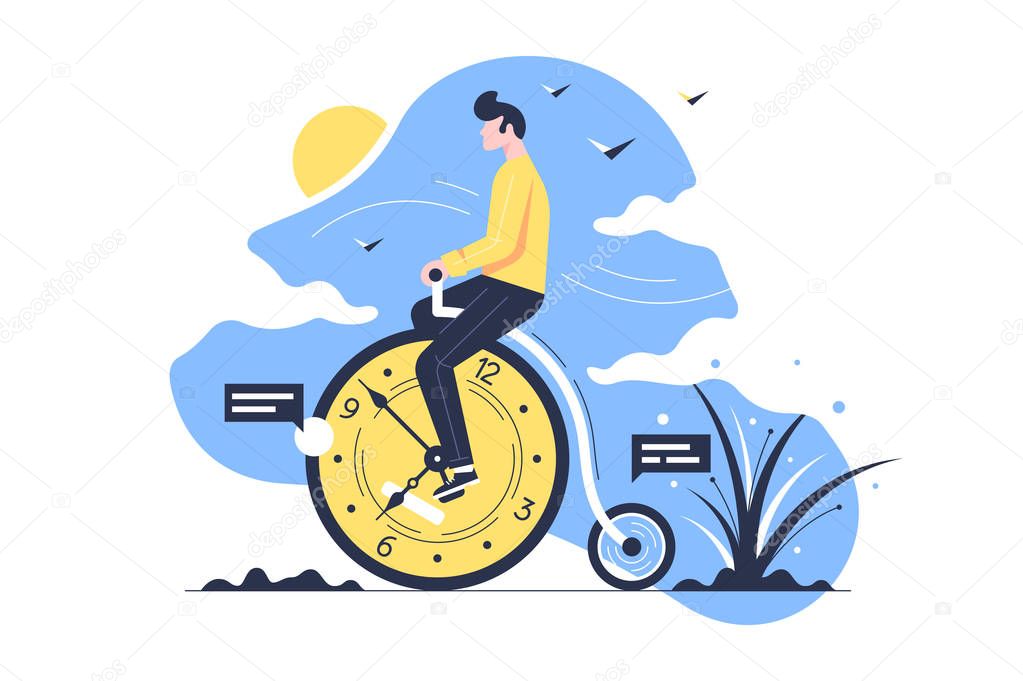 Young handsome man rides time bike on nature background.