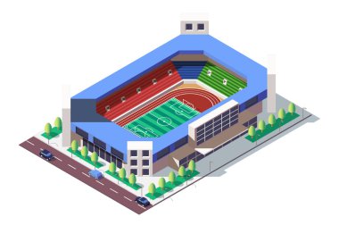 Araba ile yol yakınında 3d isometrik kare zemin stadyum.