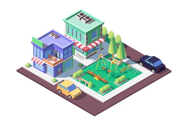 3D Isometrisk fyrkantig mark lekplats nära butik och parkering. — Stockfoto