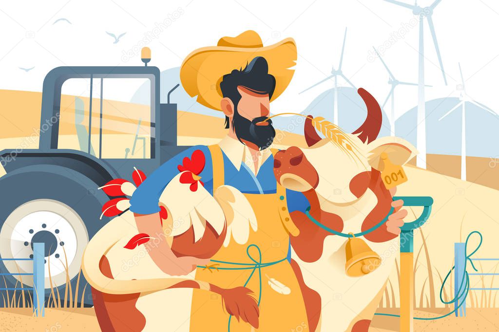 Handsome man with beard, cow and chicken at farm. Concept businessman farmer character with animals, vehicle and equipment for field work. illustration.
