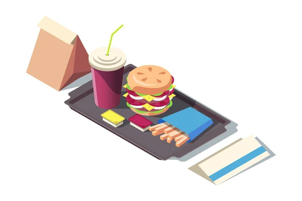 3d 等轴测快餐，包括苏打、汉堡、托盘上的炸薯条. — 图库矢量图片