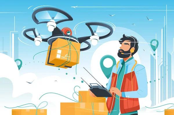 Homem bonito jovem com barba controla a entrega de drones — Fotografia de Stock