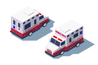 İlk yardım için 3d isometrik ambulans tıbbi araç.