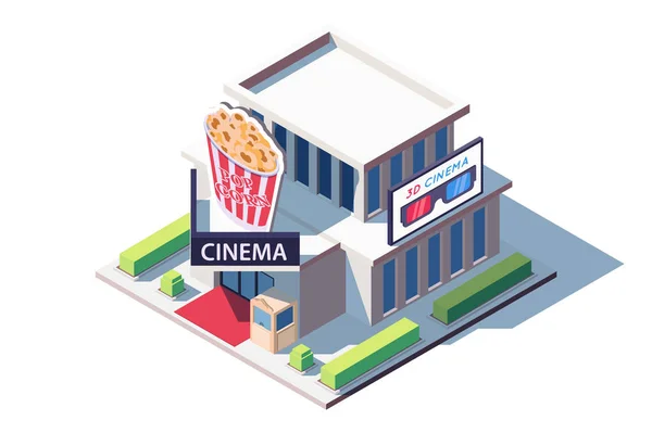 3d edificio de cine público isométrico con palomitas de maíz . — Archivo Imágenes Vectoriales