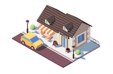 Park halindeki araba ile 3d isometrik küçük kafe.