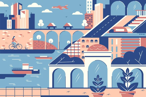 Paisaje urbano moderno de puerto fluvial y puente sobre fondo azul . — Vector de stock