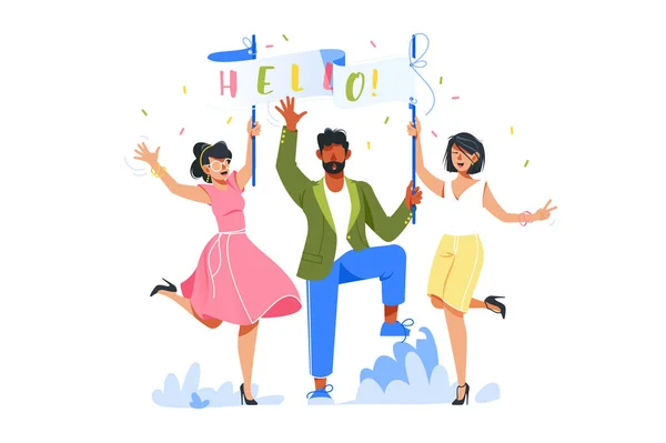 Feliz mujer sonriente y el hombre dan la bienvenida a nuevas personas . — Vector de stock