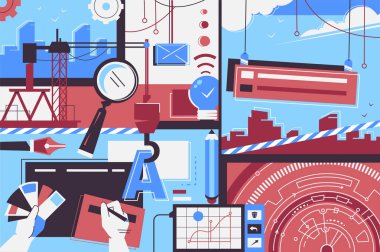 Web sitesi oluşturma öğeleri insanların arka plan, tasarımcı ekipman ve zaman.