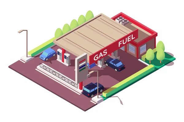 Gasolinera con sedán y coche clásico, parking . — Vector de stock