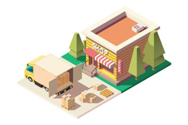 Depolanacak 3D izometrik şehir kamyonu dağıtım kutuları.