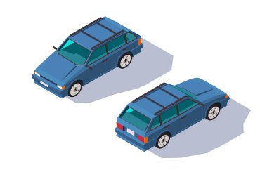 İzometrik 3d dört koltuklu kırmızı klasik evrensel otomobil aile için.