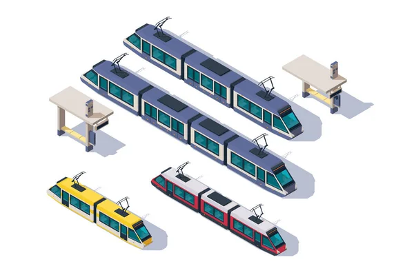 Isometrisches 3D-Set Personenstraßenbahn mit Stationselementen. — Stockfoto
