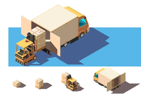 Isometrische 3d ingesteld verzending vrachtwagen met heftruck en doos voor levering verplaatsen. — Stockfoto