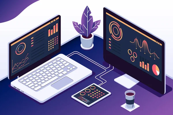 Isometric 3d computers with statistics, graphs and tablet. — Stock Photo, Image