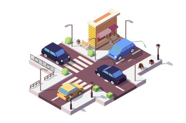 Sokakta araba ile 3d izometrik manzara.