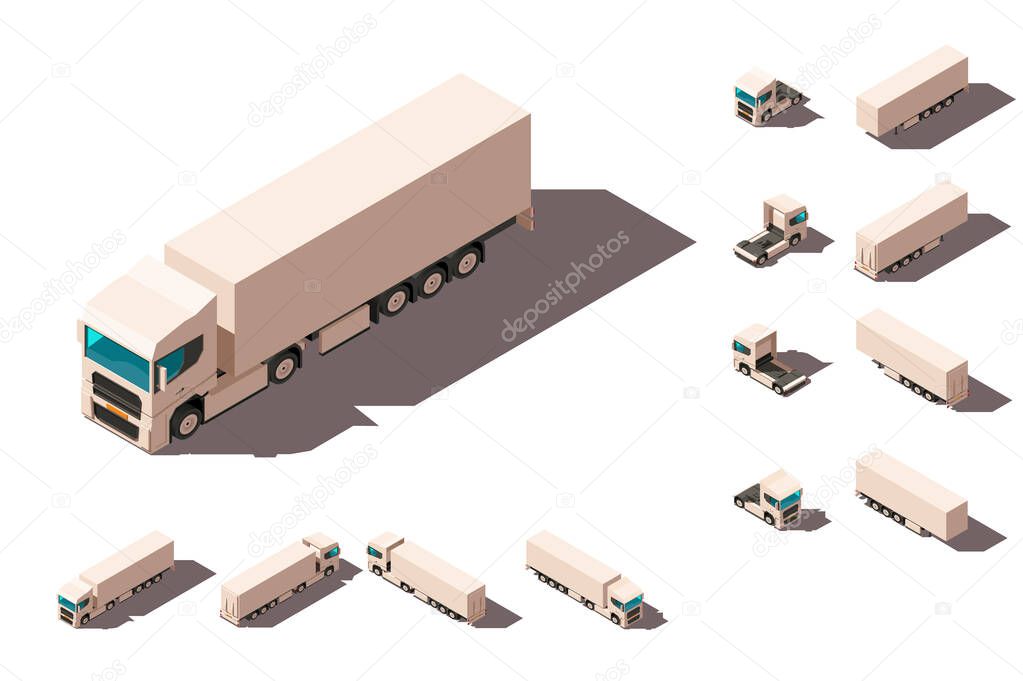 Isometric 3d set big truck with box for delivery moving and long distance transportation.