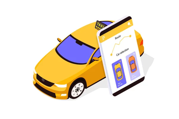 Flat taxi bil app med mobiltelefon och karta med spår. — Stockfoto