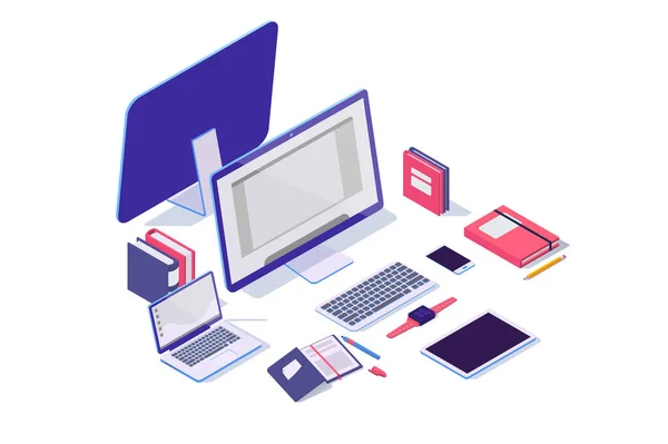 Isometric 3d electronic items with laptop, tablet, notebook, mobile phone and folder.
