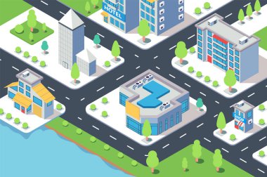 Otel, dükkan, nehir ve doğal ağaç ile 3d isometrik şehir binası.