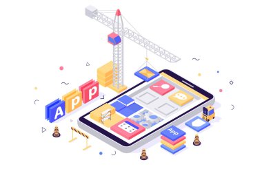 Arama, mesaj, ayar, kitap simgeleri, Vinç, forklift ile 3D izometrik yapı mobil uygulama.