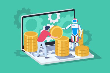 3d izometrik blockchain Iso sunucu, dizüstü bilgisayar, bitcoin ve destek robotu ile adam.