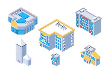 Otel ve dükkan ile 3d isometrik set şehir binası.