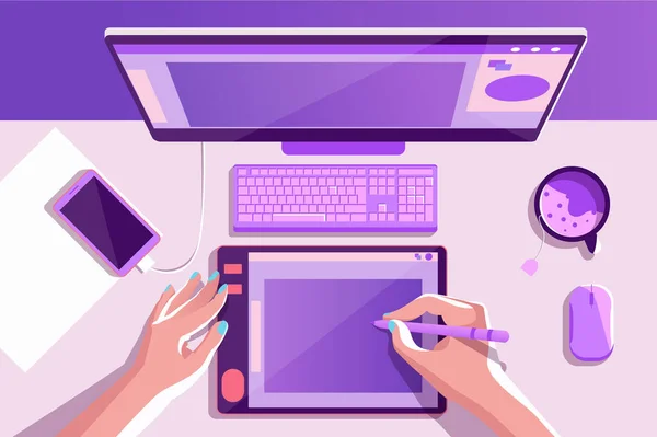Övre platta skrivbordsvyn med laptop, te, illustrator händer, mobiltelefon. — Stockfoto