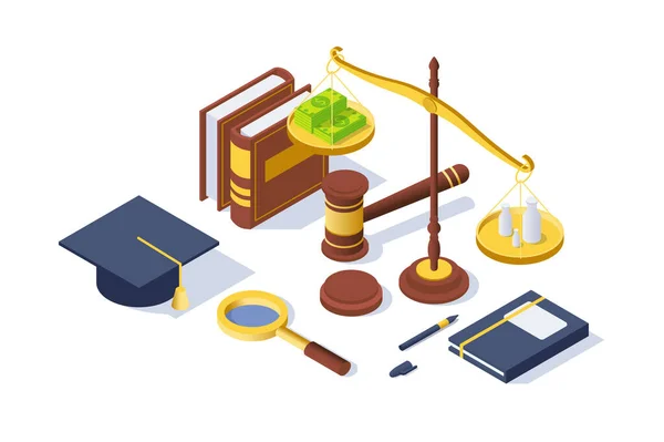 3D Izometrické soudnictví s kladivem, perem, librovou bilancí, kniha. — Stock fotografie