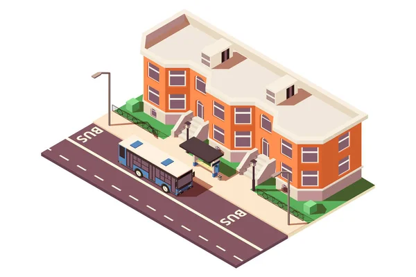 3D Isometrische bushalte in de stad in de buurt van gebouw en weg. — Stockfoto